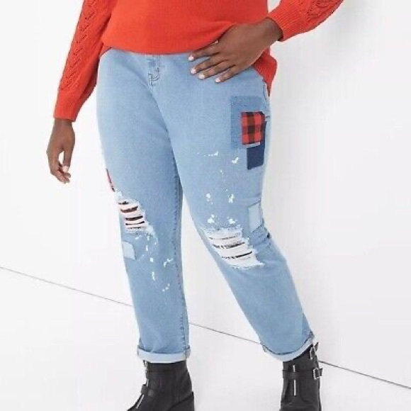 LANE BRYANT Signature Fit Boyfriend Jean- Light Wash with Patchwork, Size 22 - Picture 2 of 13